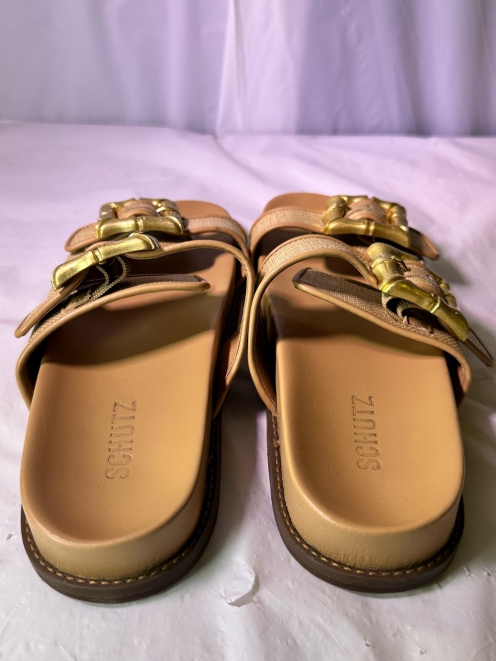 SCHUTZ Tan Slide Sandals with Gold Buckle Accents - Picture 7 of 11